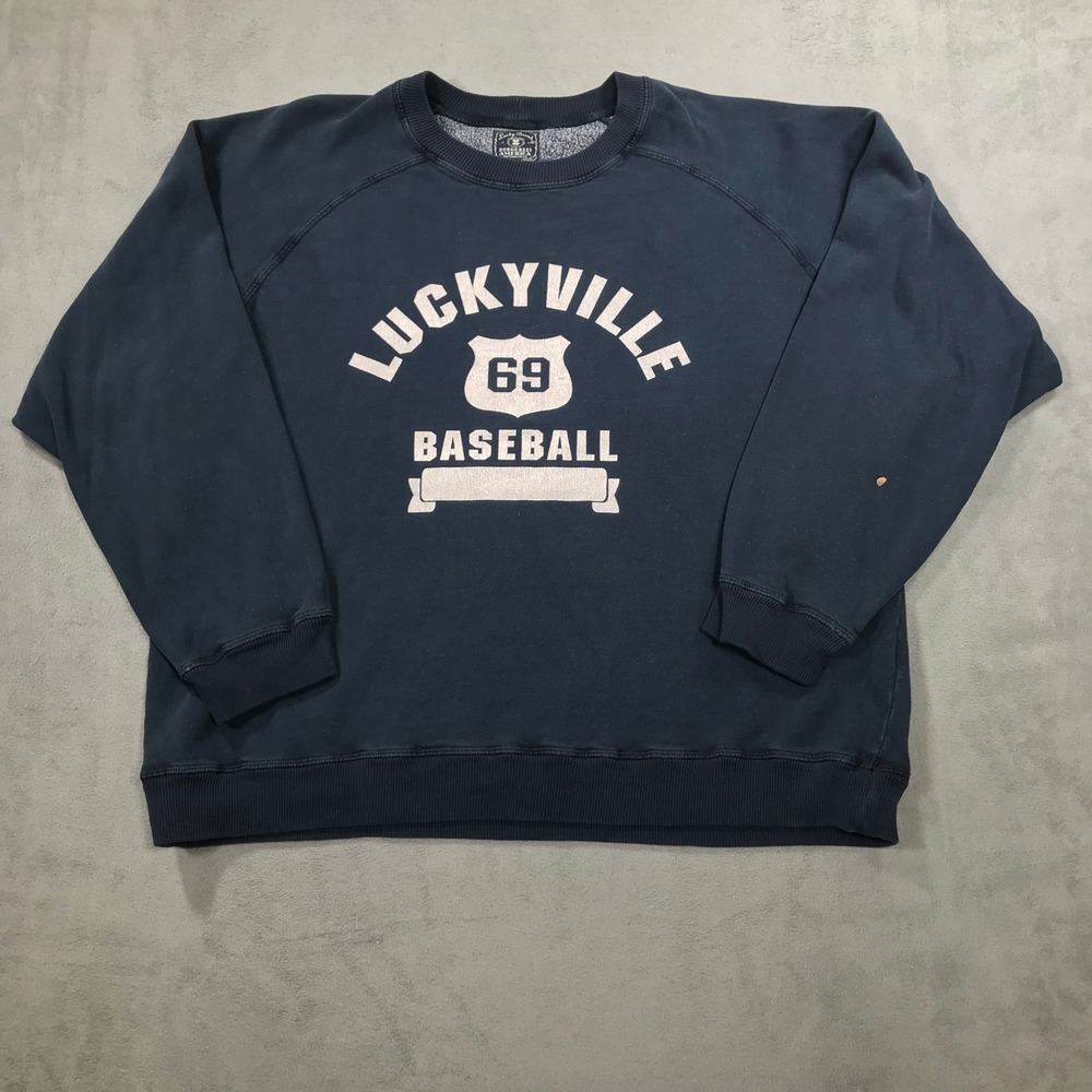 Vintage Lucky Brand Sweatshirt Mens M Blue Luckyville 69 Baseball USA Made